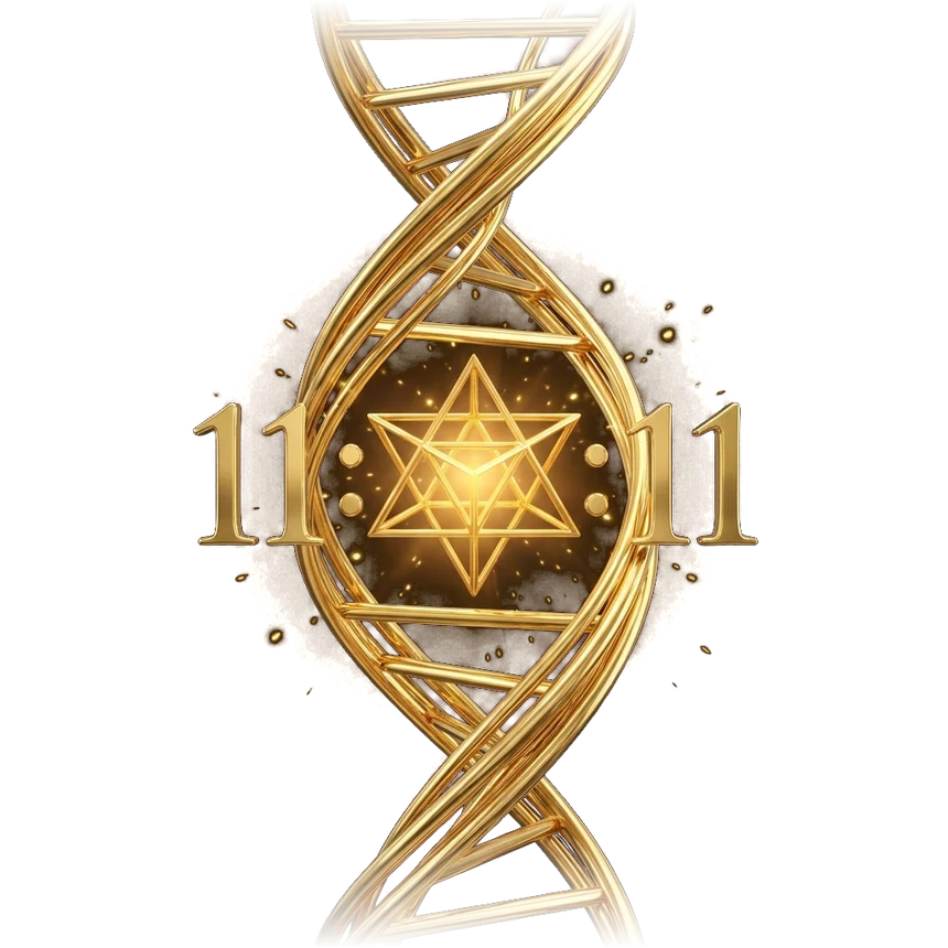 Espiral de DNA dourado com a estrela tetraédrica de luz e o 11:11 no centro