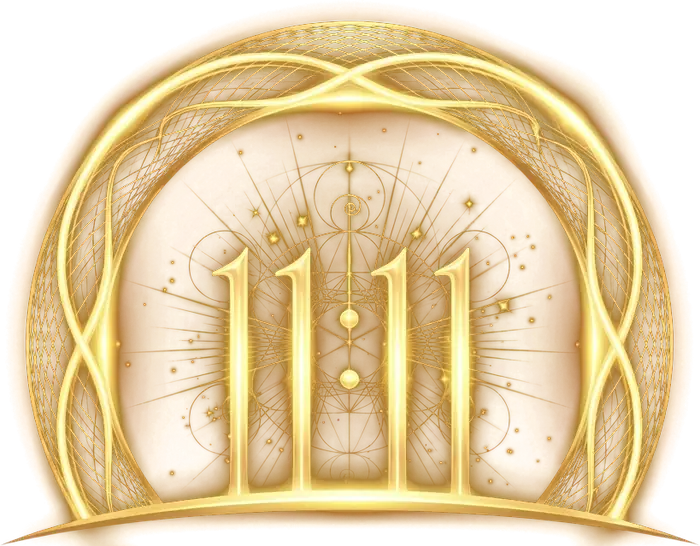 Logomarca do Portal 11:11: o 11:11 de luz dourada dentro de um arco de geometria sagrada